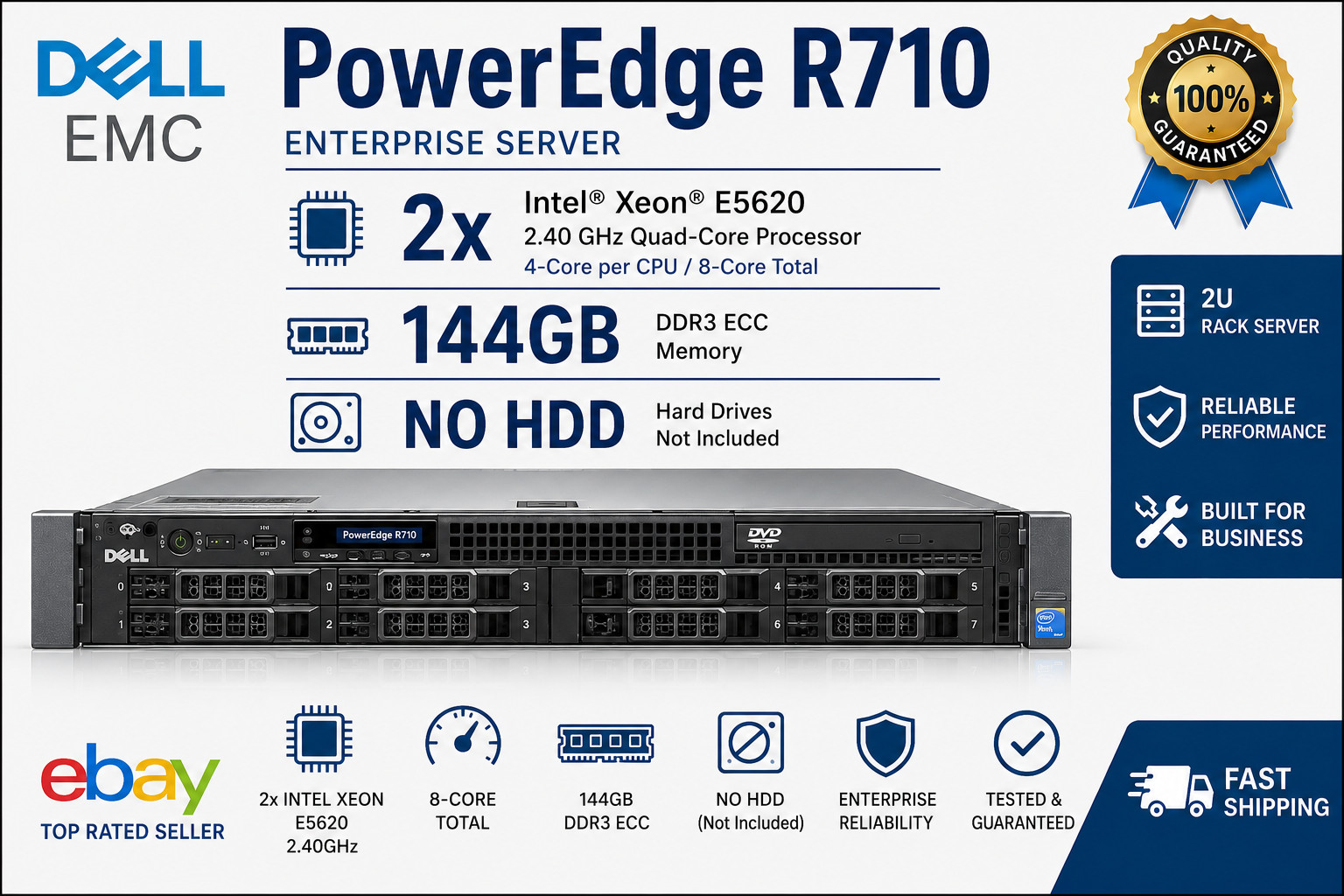 🍀 Dell PowerEdge R710 Server 2x Xeon E5620 2.4 144GB